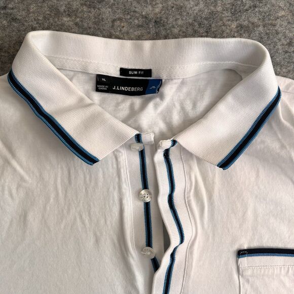 J Lindeberg Polo Shirt Men’s XL SLIM Fit White Blue Trim Short Sleeve Stain READ - Picture 1 of 8